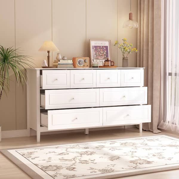 White Wood 8-Drawer 31.5 in. H x 55.1 in. W x 15.7 in. D, Chest of Drawers Modern European Style