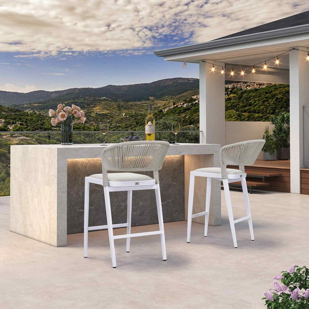 Modern Aluminum Low Back Rattan Counter Height Outdoor Bar Stool with Backrest and Mix Gray Cushion, White(2-Pack) price history on PriceWatchPro