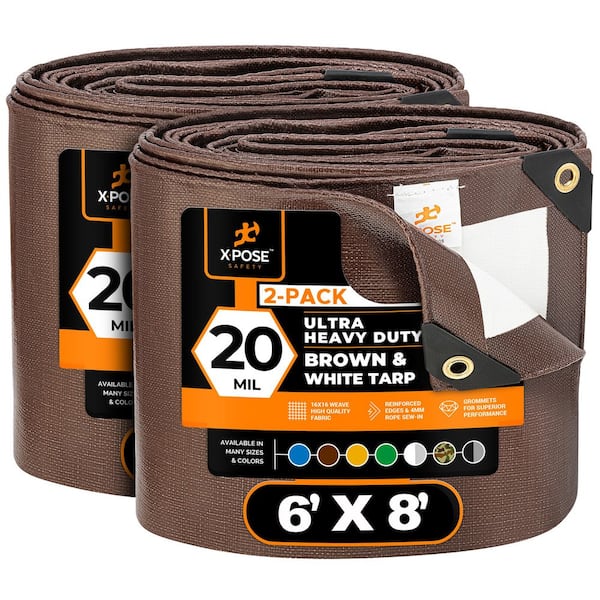 Heavy-Duty Brown White Poly Tarp 6 ft. x 8 ft. Multi-Purpose Protective Cover Durable Extra Thick 20 Mil - 2 Pack