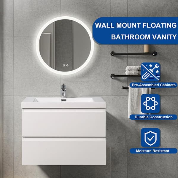 30 in. Wall-Mounted Floating Bath Vanity in Gloss White with Single Solid Surface Sink Top in White