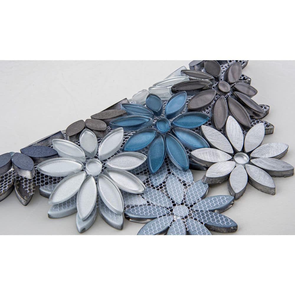 Blue and Gray Floral Matte Glass Mosaic Tile