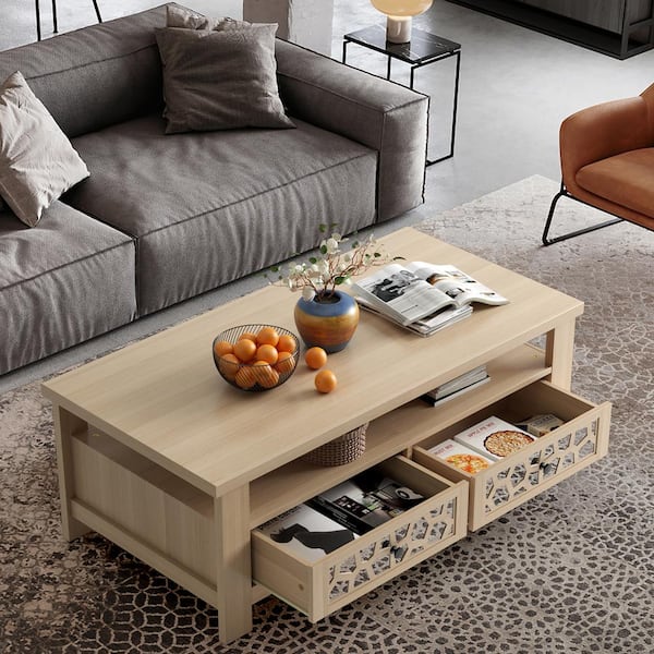 Costway 46 in. Oak Rectangle Wooden Coffee Table with 2