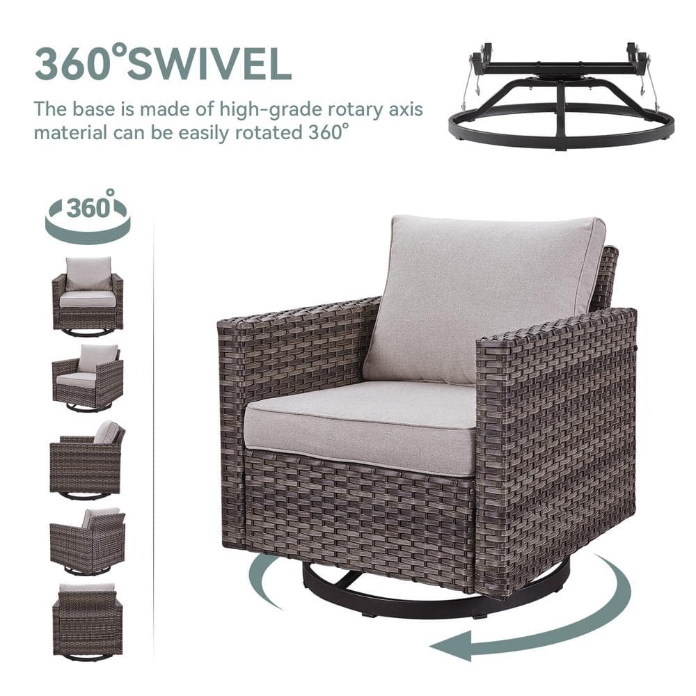 Gray Wicker Outdoor Rocking Armchair with Beige Cushions