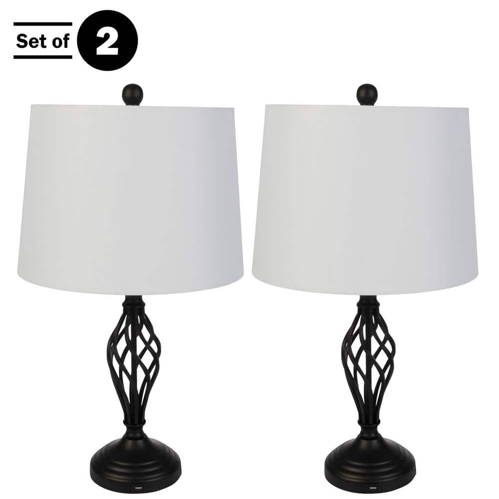 Set of 2 Black Metal Table Lamps with USB Ports