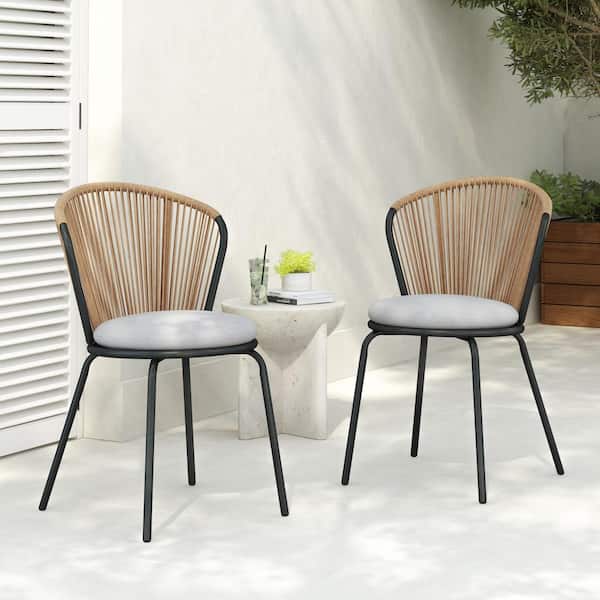 Light Brown Ratten and Black Metal Patio Outdoor Dining Chair with Beige Cushions (2-Pack)