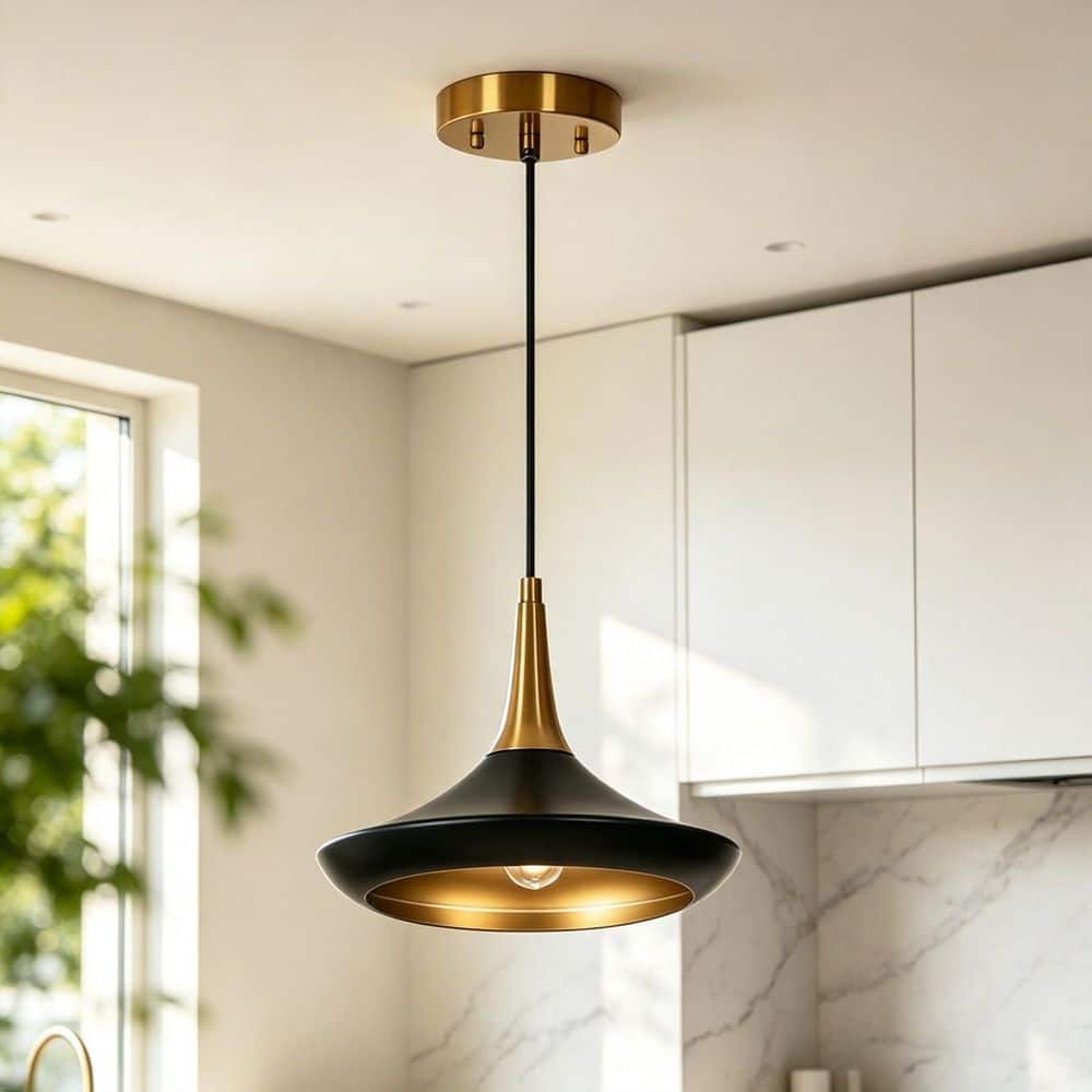 LNC Phapri Modern 1-Light Black and Brass Pendant Light with Bell