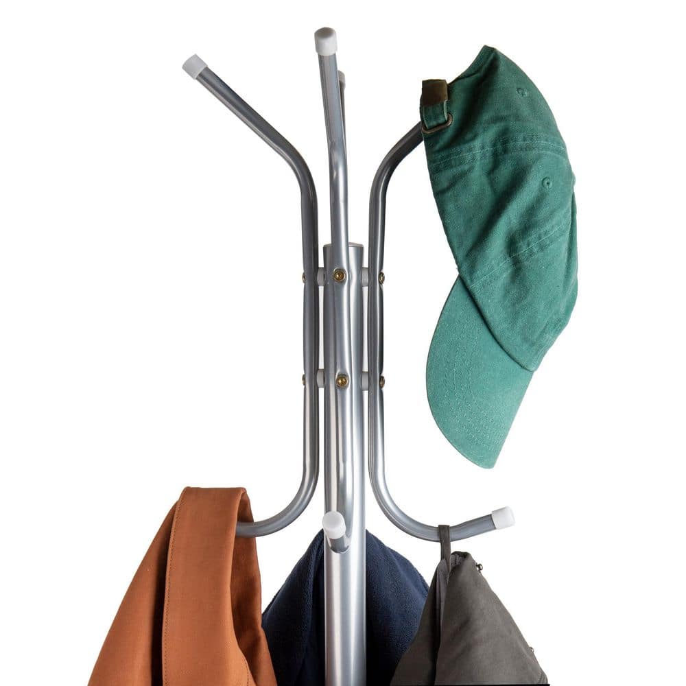 Silver Metal Floor-Standing Coat Rack with Umbrella Stand