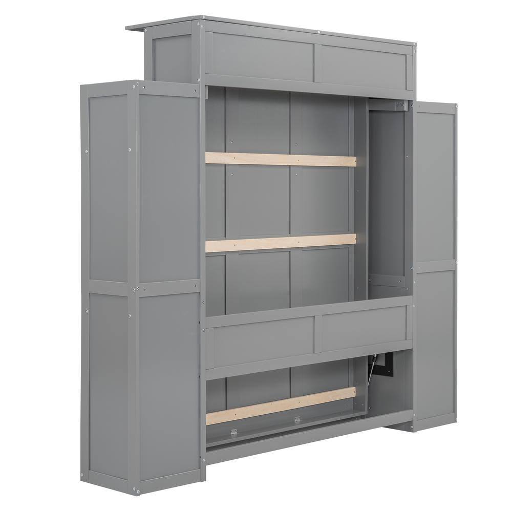 Gray Wood Frame Queen Size Murphy Bed Wall Bed with Storage Shelves and LED Lights - thumbnail 4