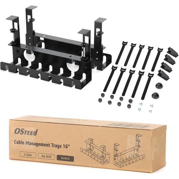 Under Desk Cable Management Tray Black No Drill Cord Organizer with Clamp for Wire Management 2 Pack