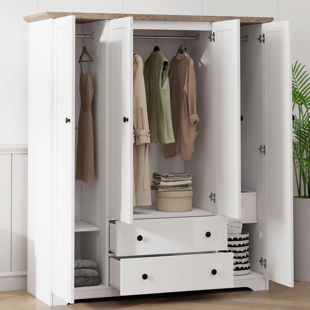 White Solid Wood 60.6 in. Wardrobe with 4 Doors and 2 Drawers - thumbnail 2