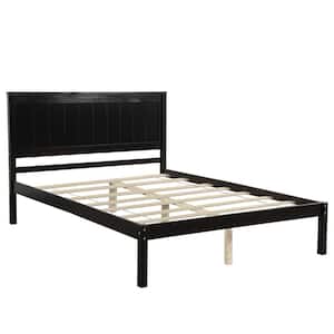 Brown Wood Frame Full Size Platform Bed Frame with Headboard, Wood Slat Support, No Box Spring Needed