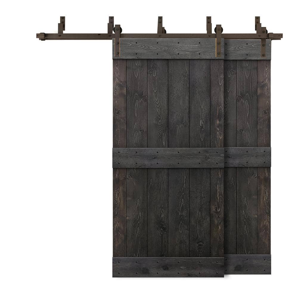 CALHOME 96 in. x 84 in. Mid-Bar Bypass Charcoal Black Stained DIY Solid Wood Interior Double Sliding Barn Door with Hardware Kit -  6XBP+S96+(2)03-48DT