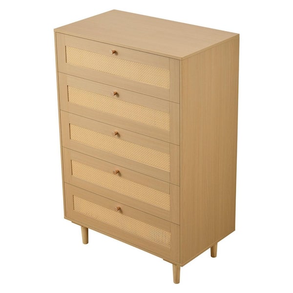 5 Drawer Rattan Dresser, Modern Closet Dresser for Bedroom, Natural Rattan Chest of Drawers with Metal Handles
