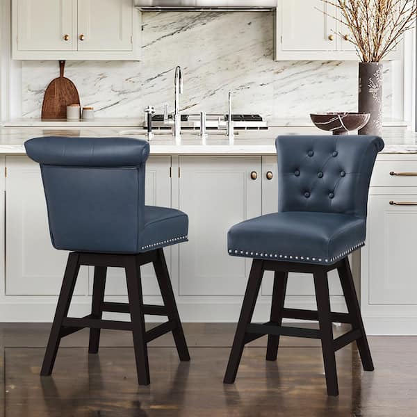 cozyman 26 in. Navy Blue Faux Leather Swivel Barstool Solid Wood ...