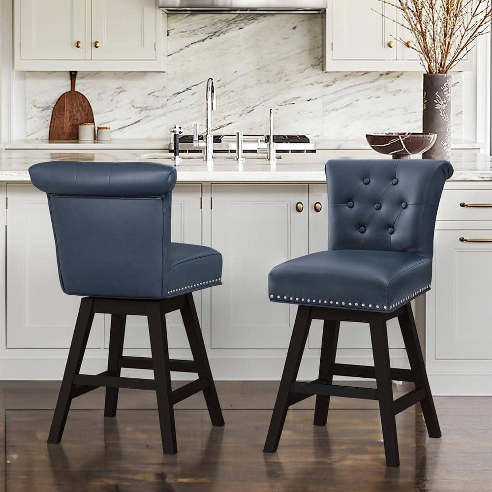 26 in. Navy Blue Faux Leather Swivel Barstool Solid Wood Counter Stool with Nail Head Trim Tufted Backrest (Set of 2) price history on PriceWatchPro