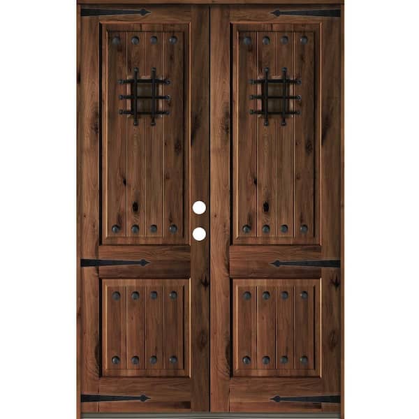 Krosswood Doors 60 in. x 96 in. Mediterranean Knotty Alder Square Top with Red Mahogony Stain Left-Hand Wood Double Prehung Front Door