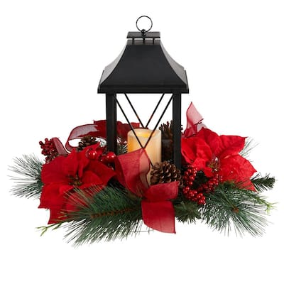 15 in. Unlit Holiday Poinsettia, Pinecone, Greenery with Lantern and LED Candle Artificial Christmas Arrangement
