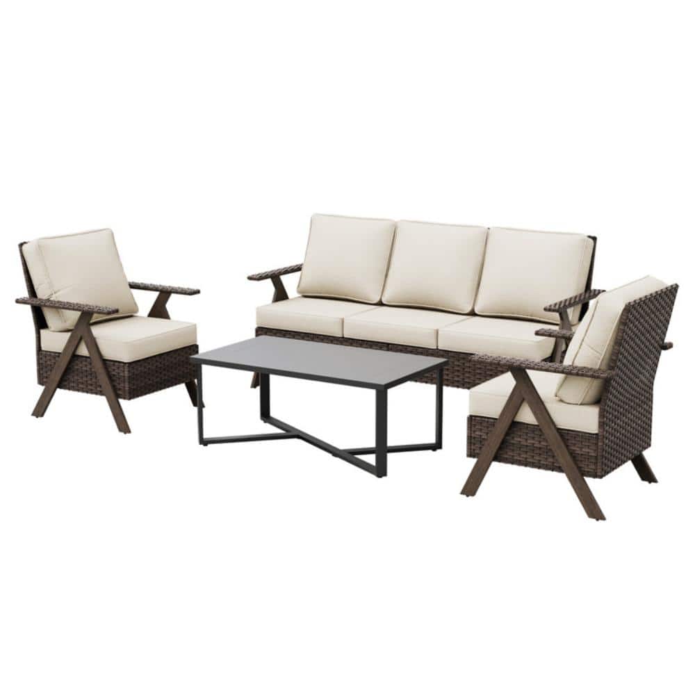 Patio Outdoor 4-Piece Brown PE Wicker Conversation Set, 5 Seat Rattan Bistro Sofa Set with Beige Cushions& Coffee Table price history on PriceWatchPro