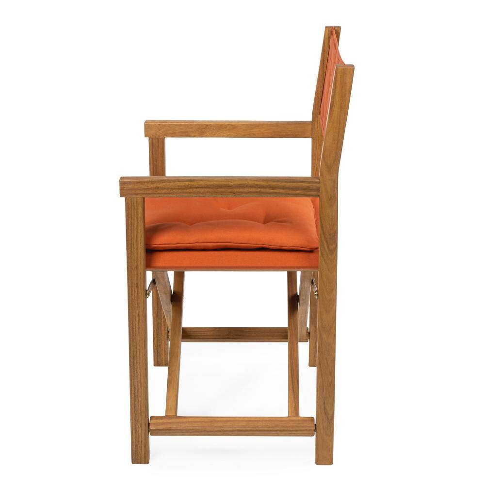 Mid-Century Teak Brown Acacia Wood Director Chair with Orange Cushions