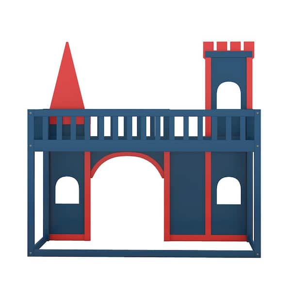 ANBAZAR Blue Twin Size Castle Shaped Loft Bed with Under Bed Storage Space, Playhouse Bed with Ladder and Full Length Guardrail