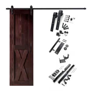 24 in. x 84 in. X-Frame Red Mahogany Solid Pine Wood Interior Sliding Barn Door with Hardware Kit, Non-Bypass