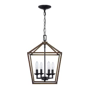 Weyburn 4-Light Black and Faux Wood Caged Farmhouse Dining Room Chandelier, Lantern Kitchen Pendant Lighting