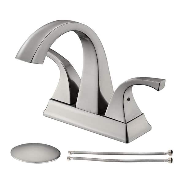 Pdpbath 4 in. Centerset Double Handles Low Arc Bathroom Sink Faucet with Drain Kit Included in Brushed Nickel