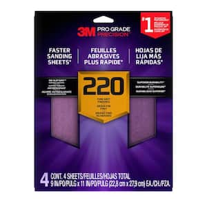 Pro Grade Precision 9 in. x 11 in. 220 Grit Faster Sanding Sheet With No-Slip Grip Backing (3-Pack)