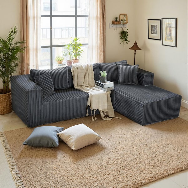 105.11 in. Wide Square Arm 2-Piece Modern Corduroy Fabric L-Shape Modular Sectional Sofa in Gray with Chaise