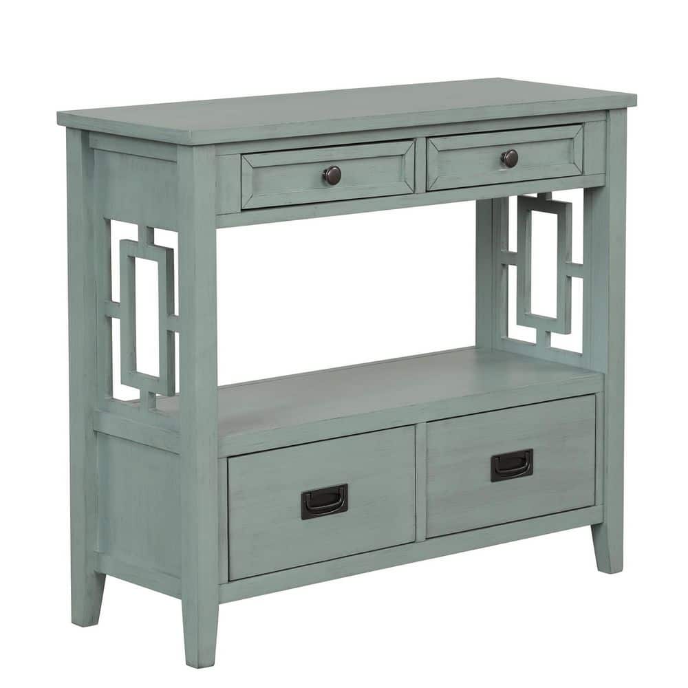 36 in. Green Rectangle Pine Wood Console Table Sofa Table with 4 Drawers an