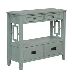 36 in. Green Rectangle Pine Wood Console Table Sofa Table with 4 Drawers and 1 Storage Shelf