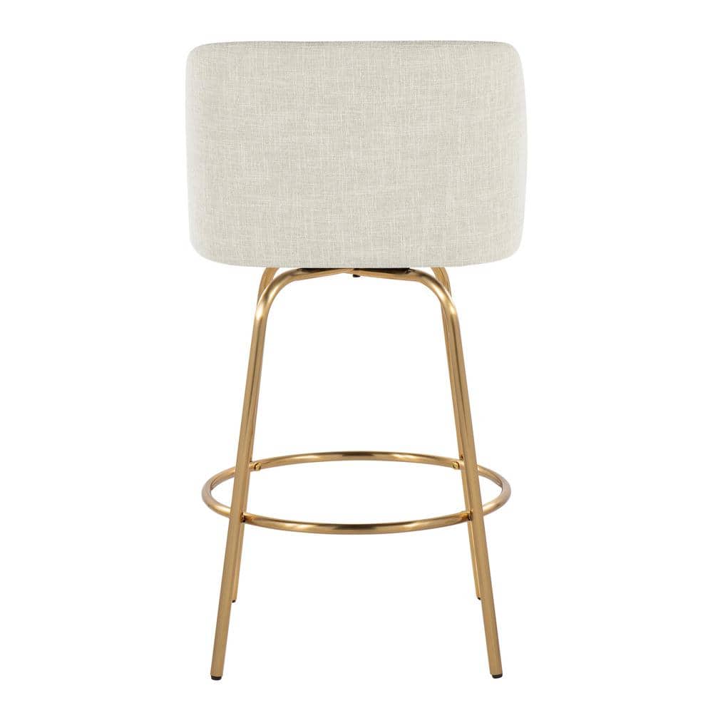 Cream Fabric and Gold Metal Swivel Counter Stools, 26" Seat Height