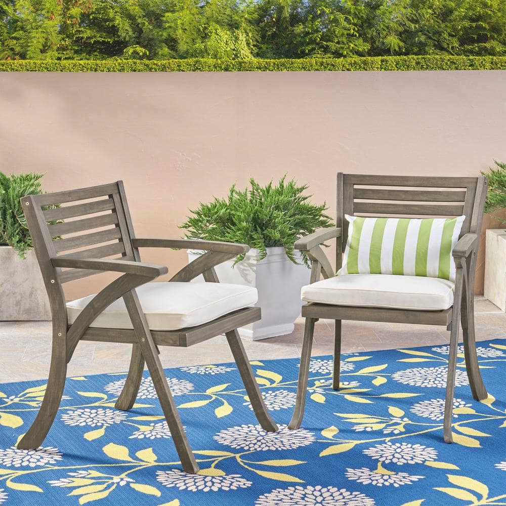 Gray Acacia Wood Outdoor Dining Armchair with Cream Cushions