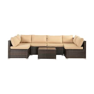 7-Pieces Brown Rattan Wicker Patio Conversation Set, Outdoor Sectional Sofa Couch, with Brown Washable Cushions