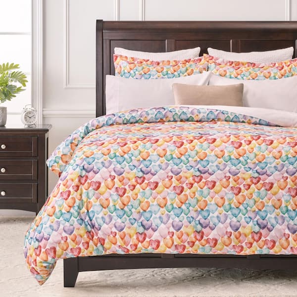 CHANASYA Chanasya Rainbow Hearts Print Microfiber Duvet Cover Set, Twin
