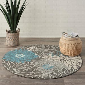 Passion Charcoal/Blue 4 ft. x 4 ft. Floral Contemporary Round Rug