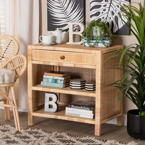 bali & pari Bella 29.9 in. Natural Rattan Rectangle Wood Top Console Table