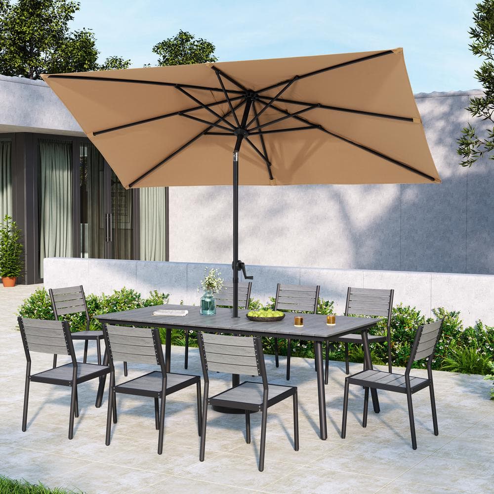 Tan Rectangular Aluminum Patio Umbrella with Crank and Tilt