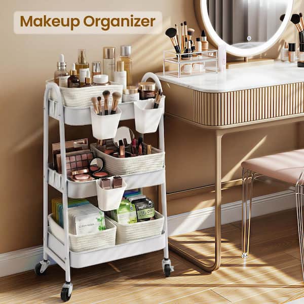 3-Tier 4-Basket Rolling Utility Cart with Locking Wheels, White