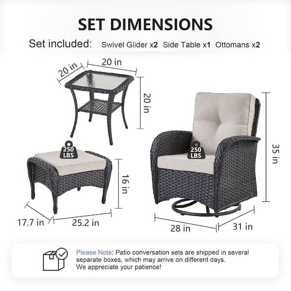 Sleek Arm 5-Piece Black Wicker Patio Conversation Set with Olefin Beige Cushions Patio Swivel Chairs and Ottomans