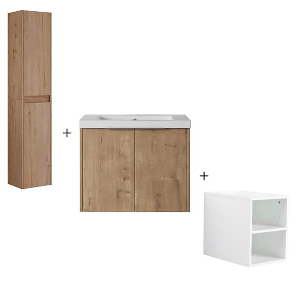 36 in. Single Sink Floating Imitative Oak Bath Vanity with White Resin Top, Open Shelf and Two Side Cabinets Unassembled