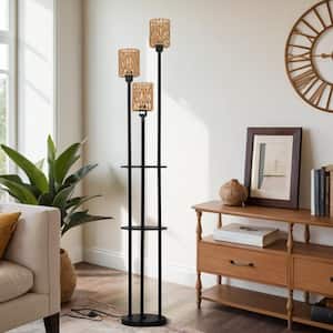 69 in. 3-Light Black Modern Rope Standard Floor Lamp with Rattan Shade Marble Base For Living Room Bedroom Sofa Desk