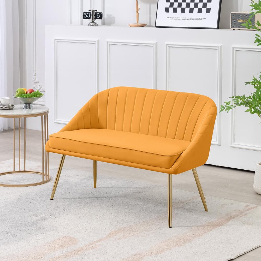 JEAREY Modern 48 in. Golden Base Velvet Tufted 2Seats Yellow Loveseat