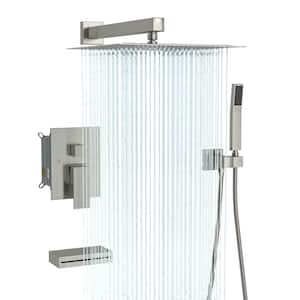 3-Spray Patterns with 1.8 GPM 12 in. Wall Mount Dual Shower Heads with Rough-In Valve and Tub Faucet in Brushed Nickel