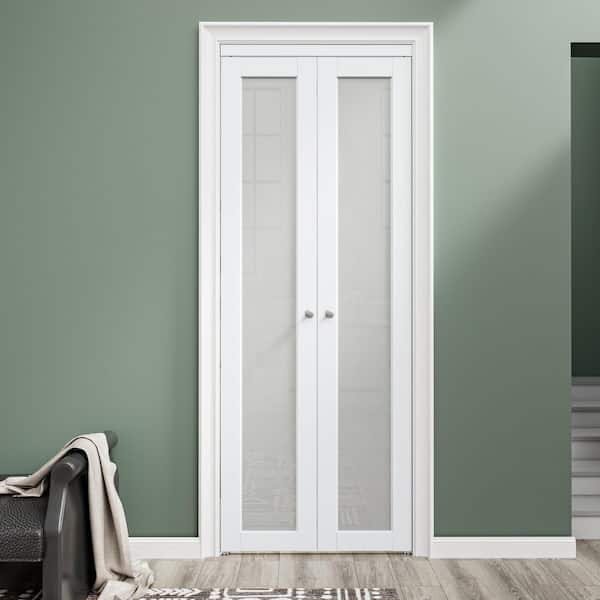 30 in. x 80 in. 1-Lite Frosted Glass Solid Core White Finished MDF Pantry Pivot Bi-fold Door with Pivot Hardware