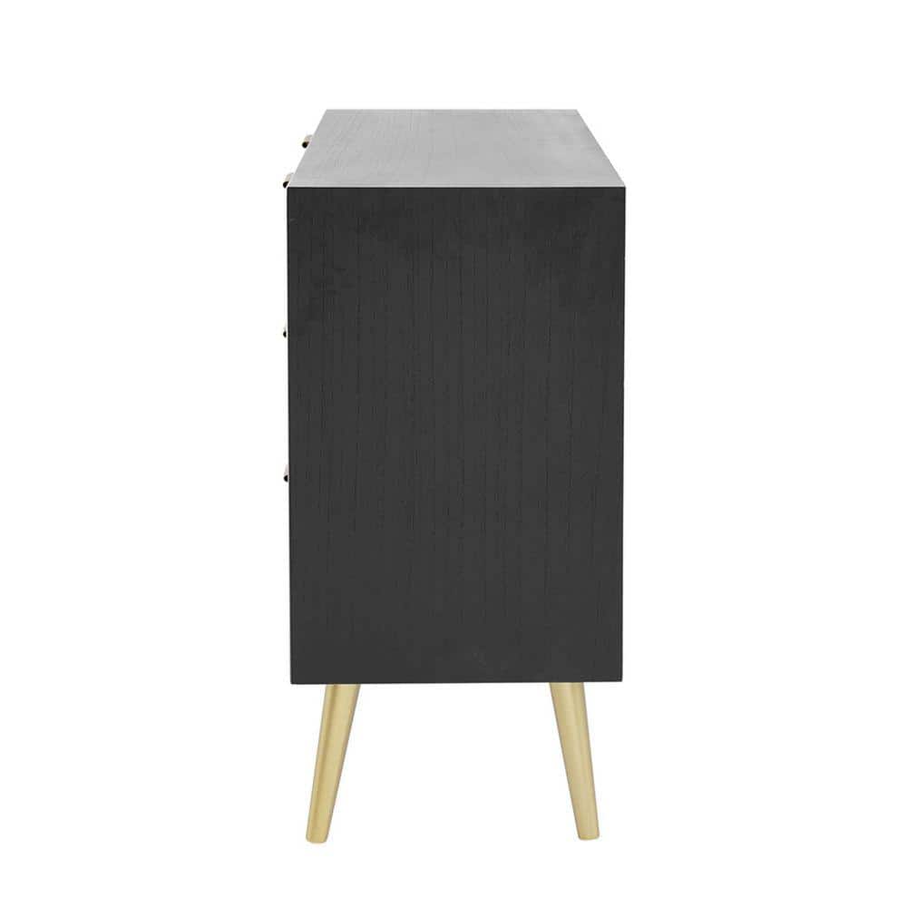 Mid-Century Mirrored 31" Black Dresser with Woven Rattan Drawers
