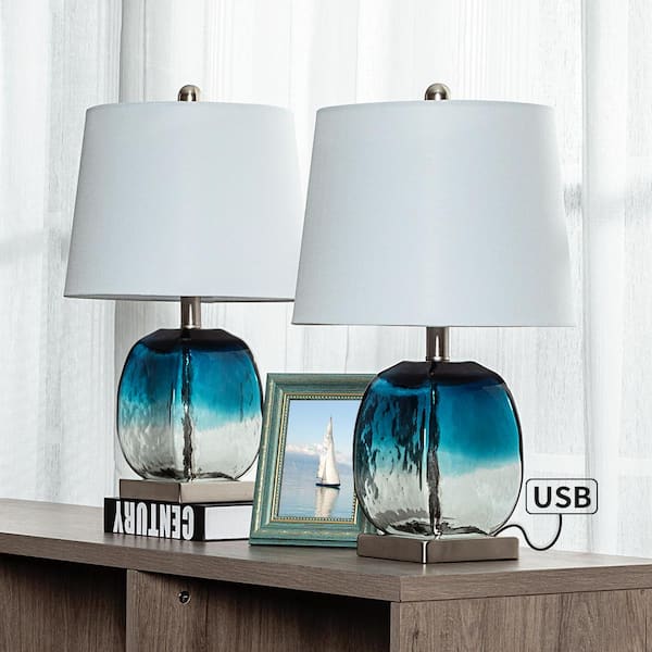 Maxax Richmond 20.5 in. Blue Table Lamp Set with USB (Set of 2)