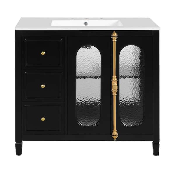 36 in. Freestanding Black Bath Vanity with White Ceramic Top 2 Soft-close Doors and 3 Drawers