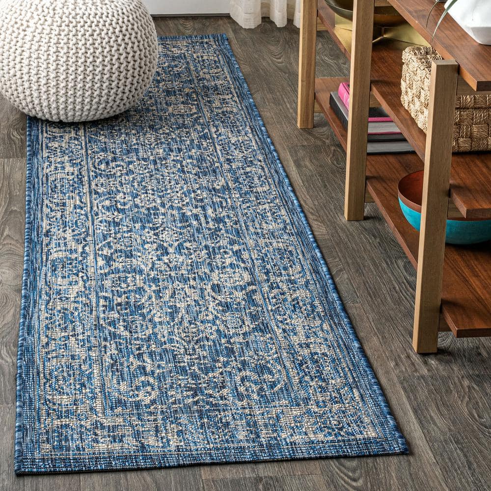 Navy and Gray Synthetic Flat Woven Runner Rug, 2'-2" x 8'