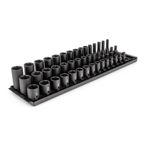 3/8 Inch Drive Shallow, Semi-Deep, and Deep 6-Point Impact Socket Set with Rails and Trays, 45-Piece (1/4-1 in. )
